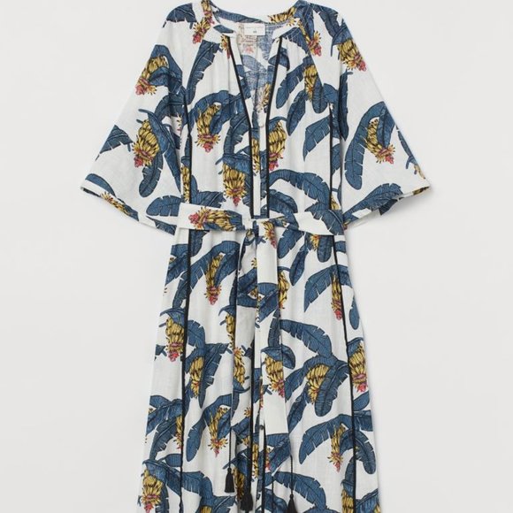 Desmond & Dempsey X H&M Banana Leaves Tropical Linen Tassels‎ Kaftan Maxi Dress - Picture 2 of 16